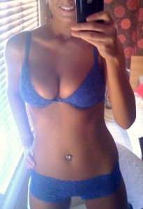 Blue bra, blue panties.